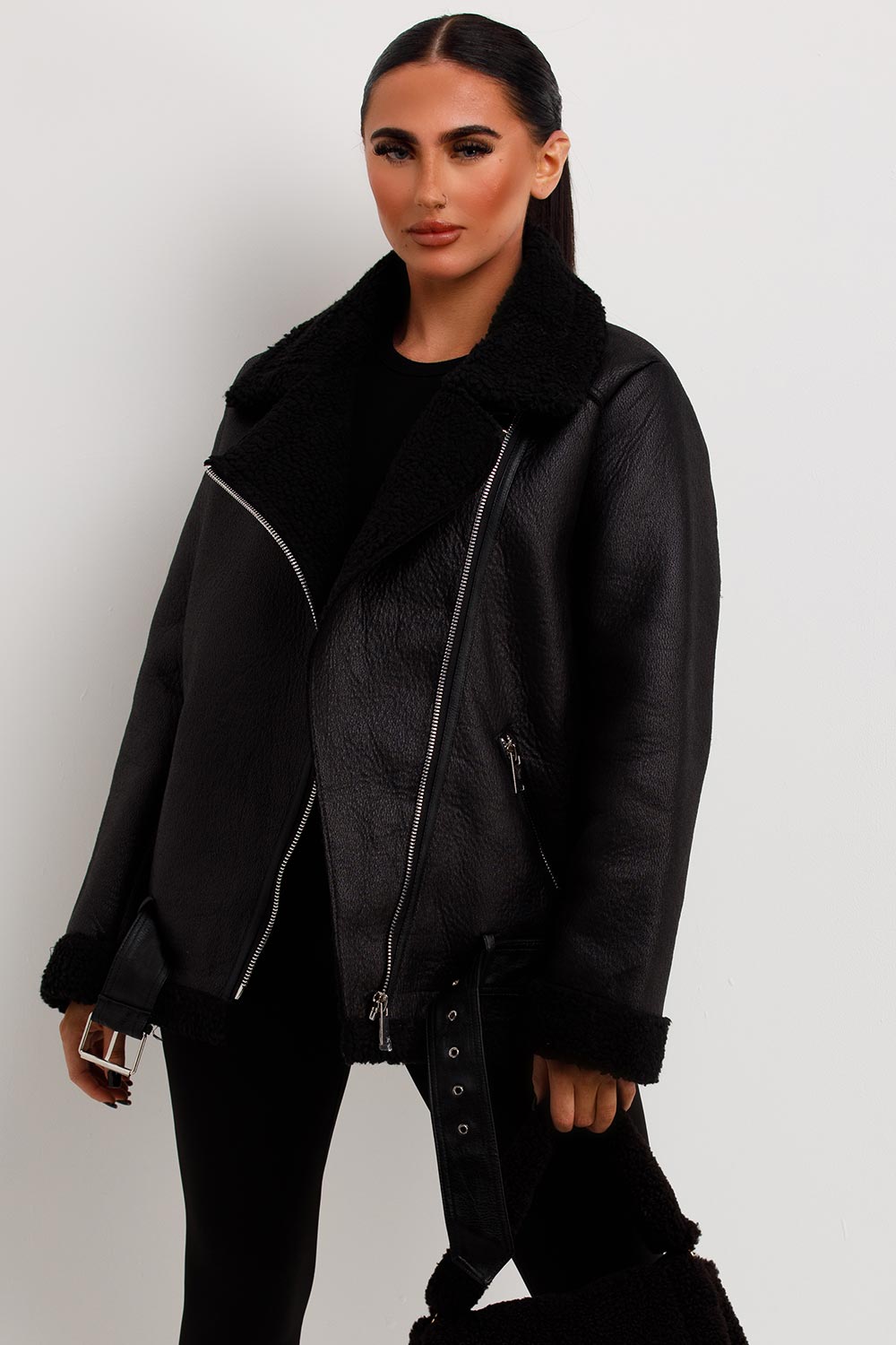 Aviator Jacket With Shearling Detail Black