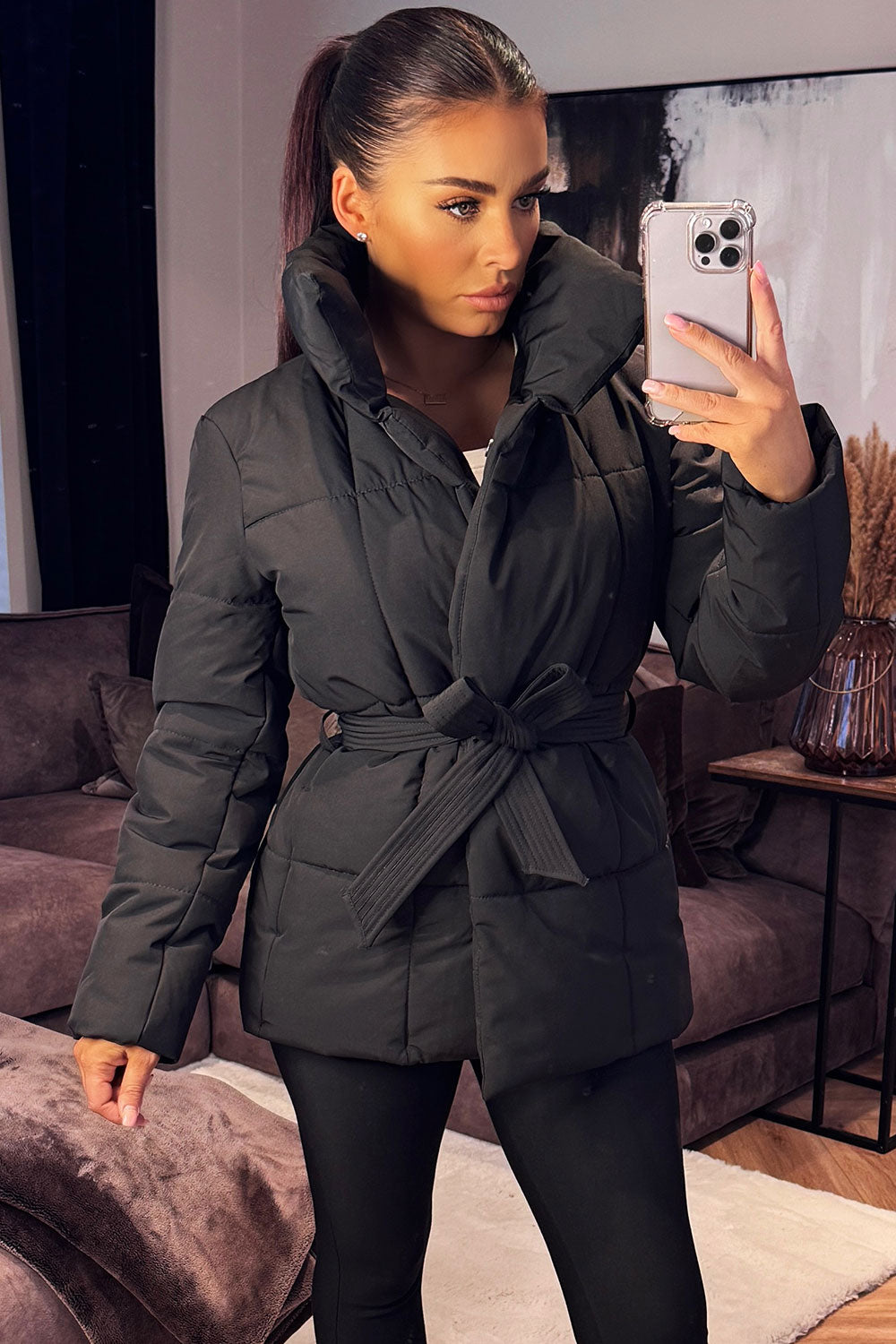 Black Duvet Padded Jacket With Belt