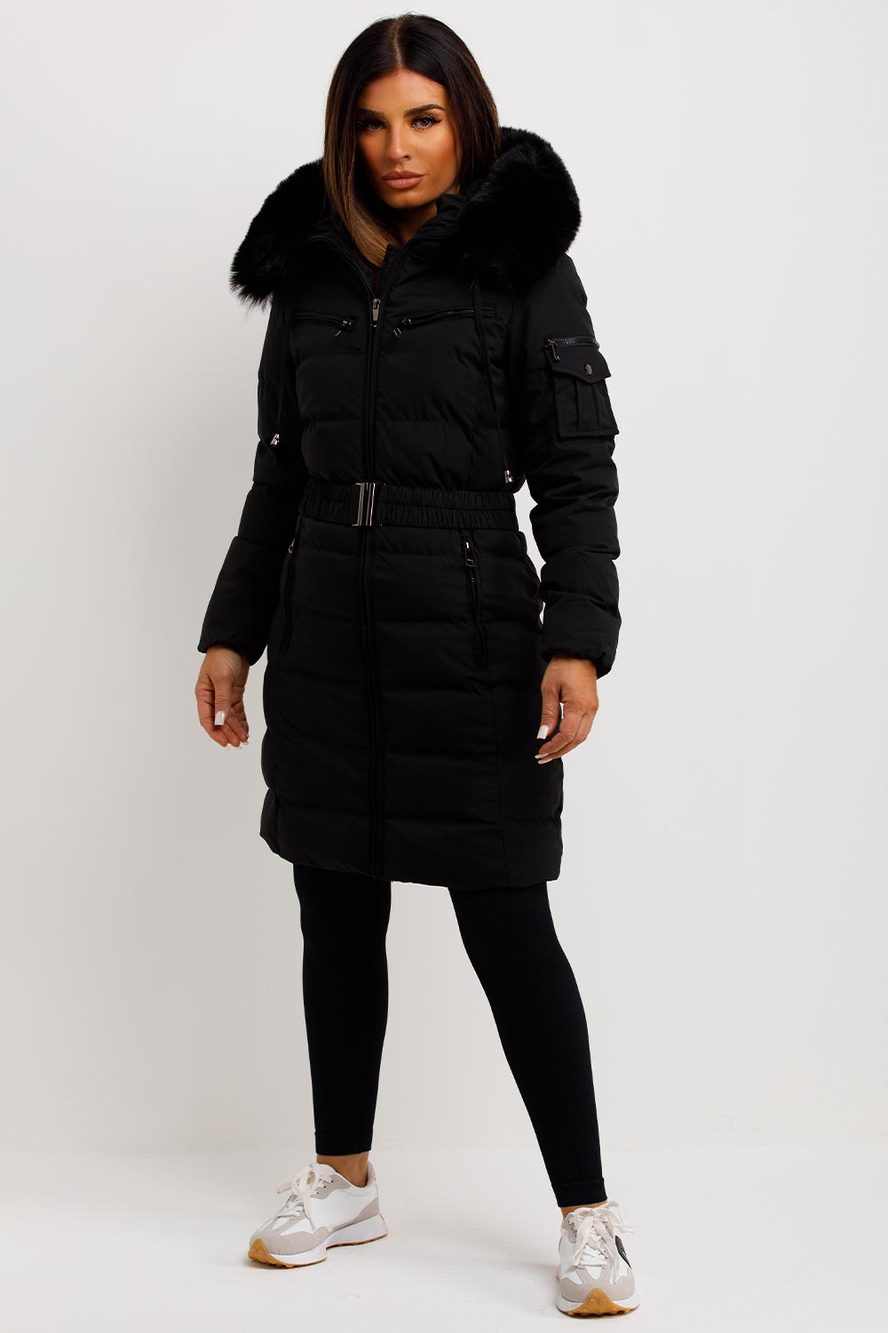 Long Puffer Coat With Fur Hood And Belt Black