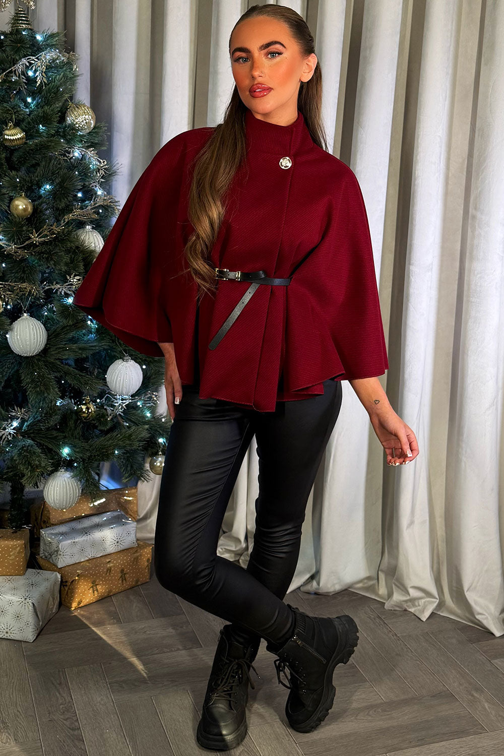 Cape With Belt Burgundy