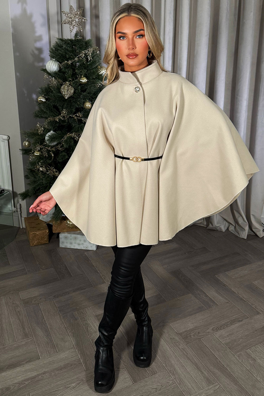 Cape With Belt And Button Beige Poncho