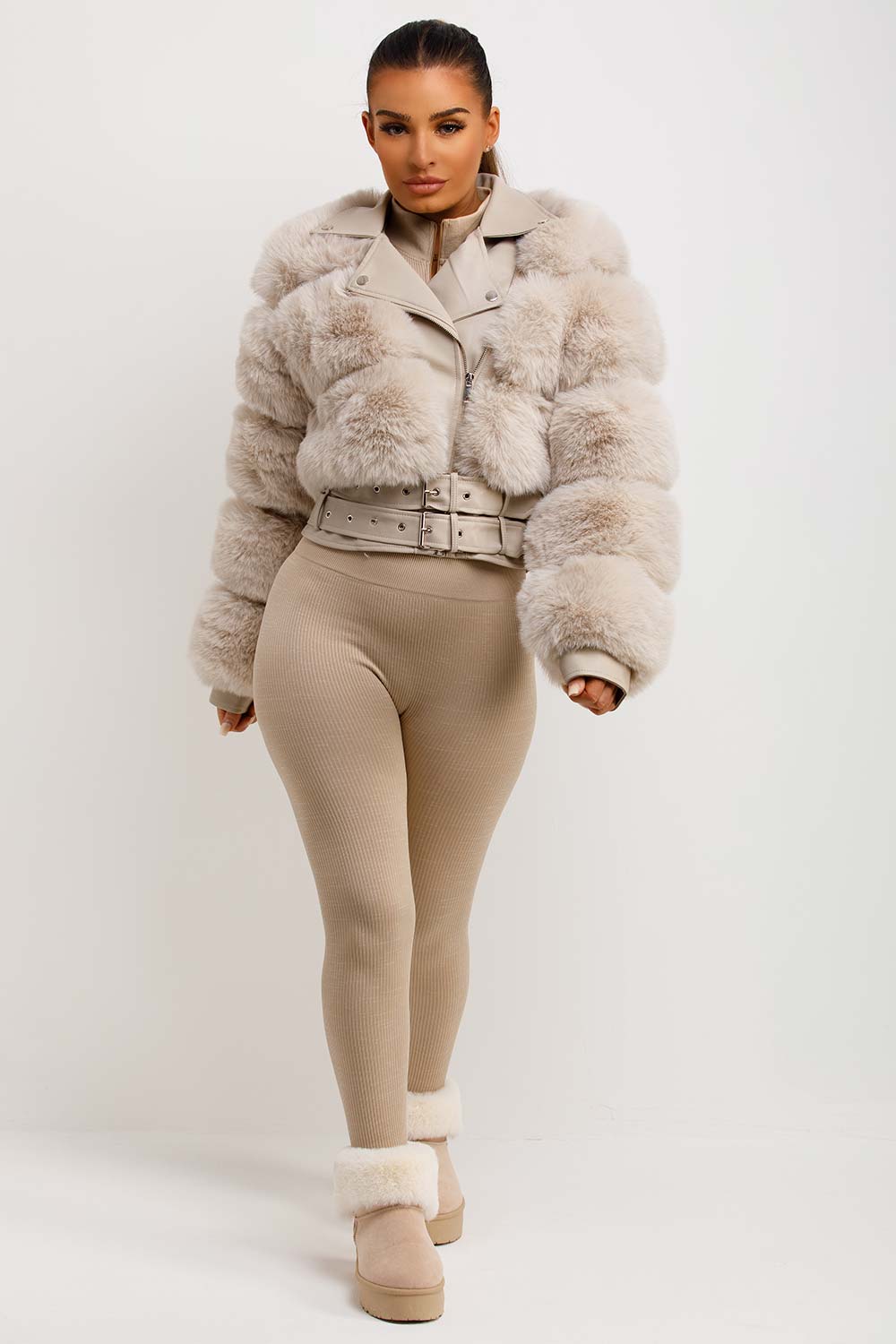 Faux Fur Faux Leather Aviator Jacket With Belt Beige