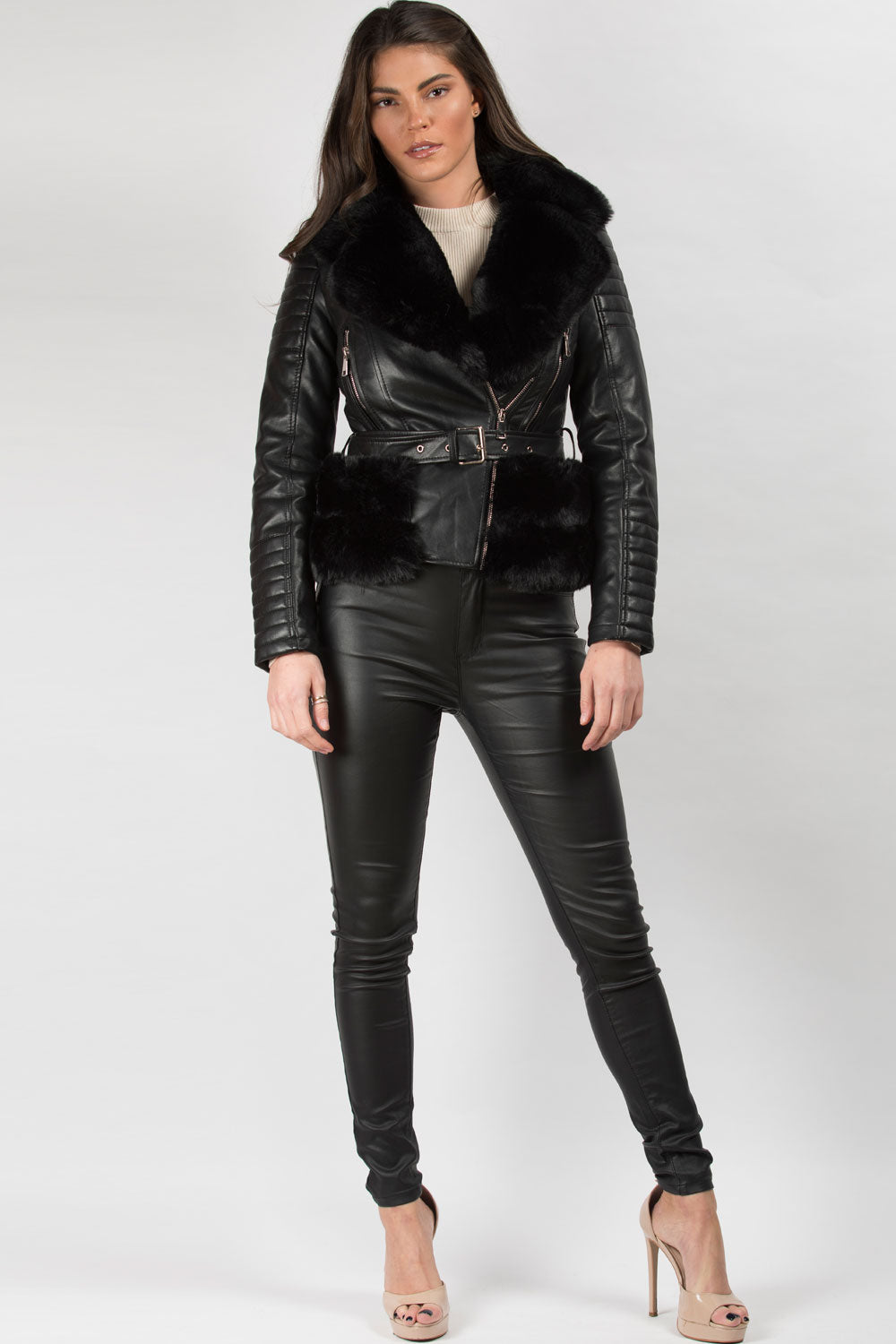 Black Faux Fur Faux Leather Belted Jacket