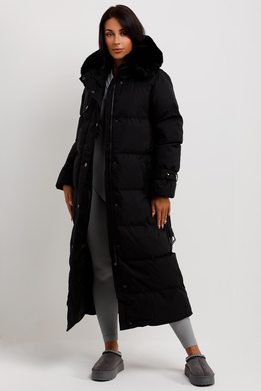 Long Puffer Trench Coat With Belt And Faux Fur Hood Black