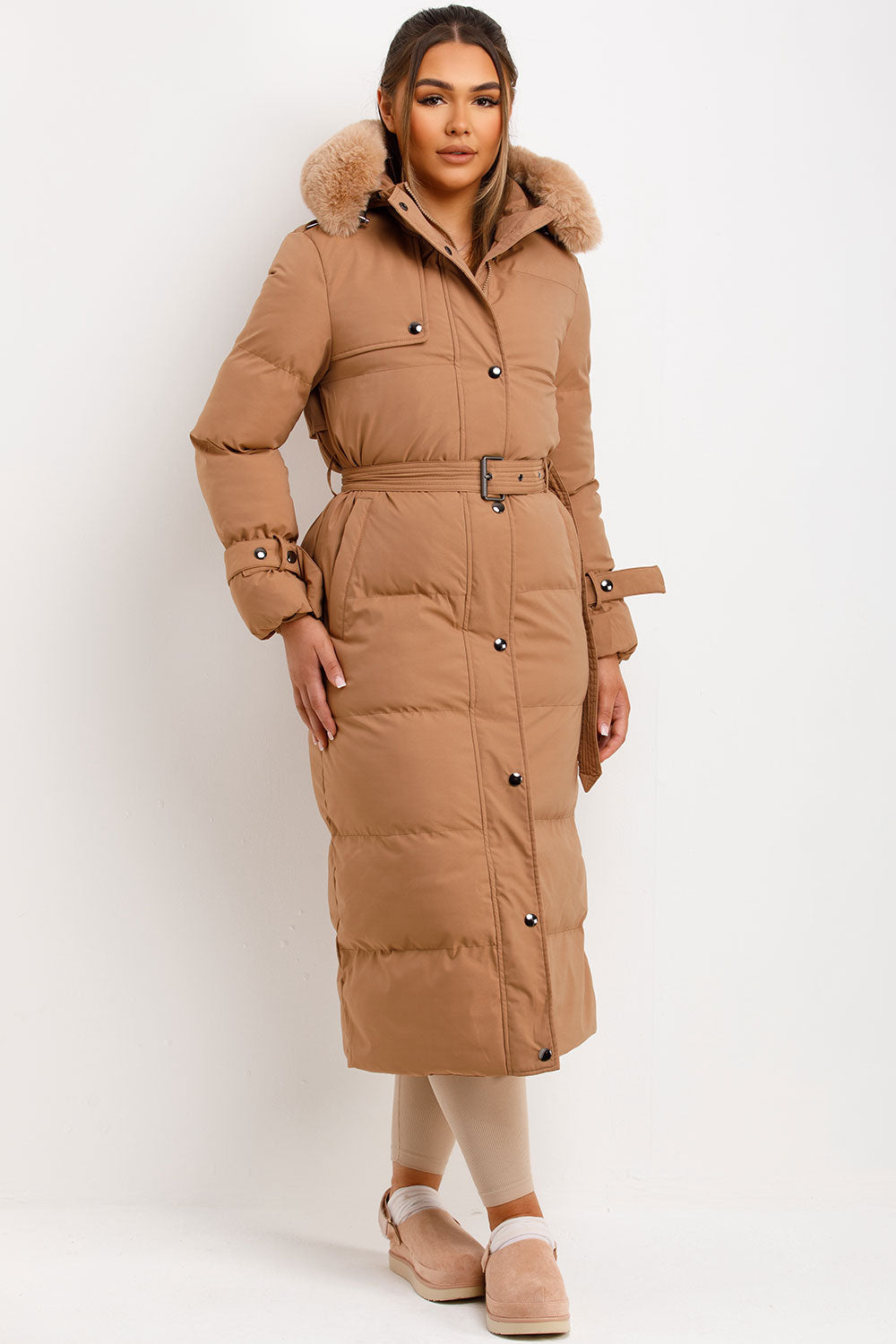 Long Puffer Trench Coat With Belt And Faux Fur Hood Camel