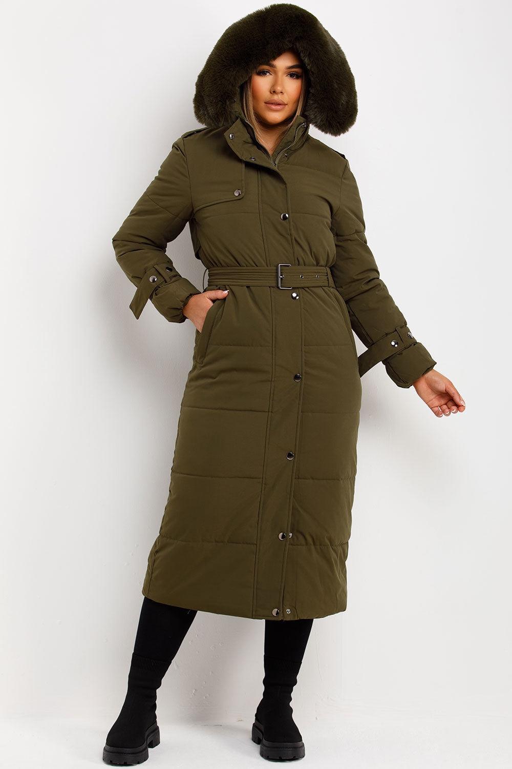 Long Puffer Trench Coat With Belt And Faux Fur Hood Khaki