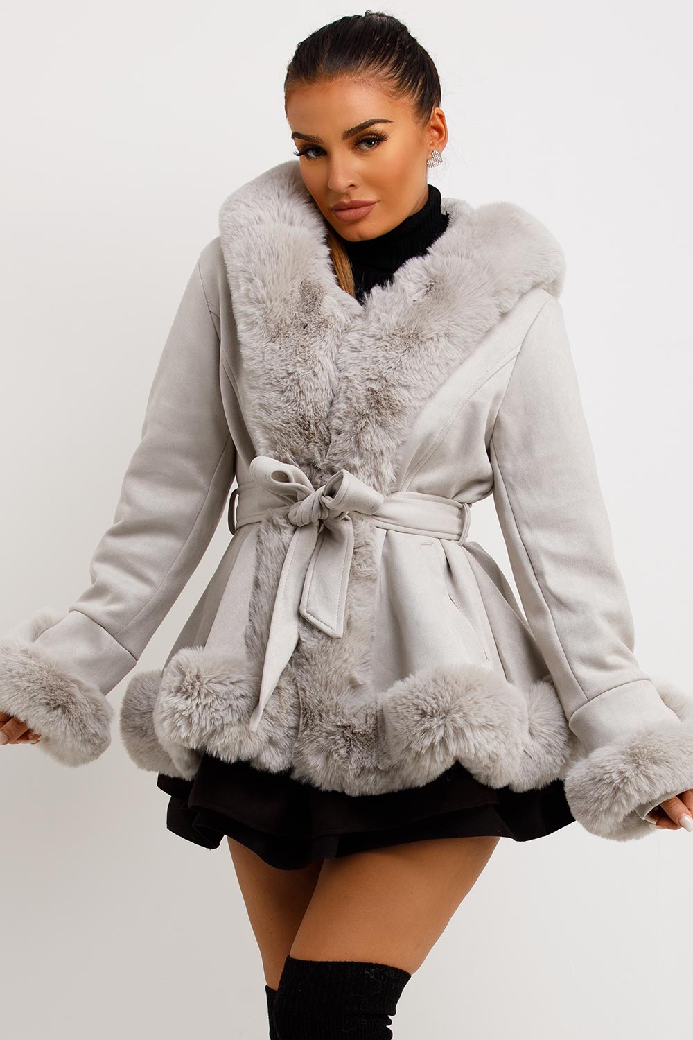 Grey Faux Fur Faux Suede Hooded Belted Coat