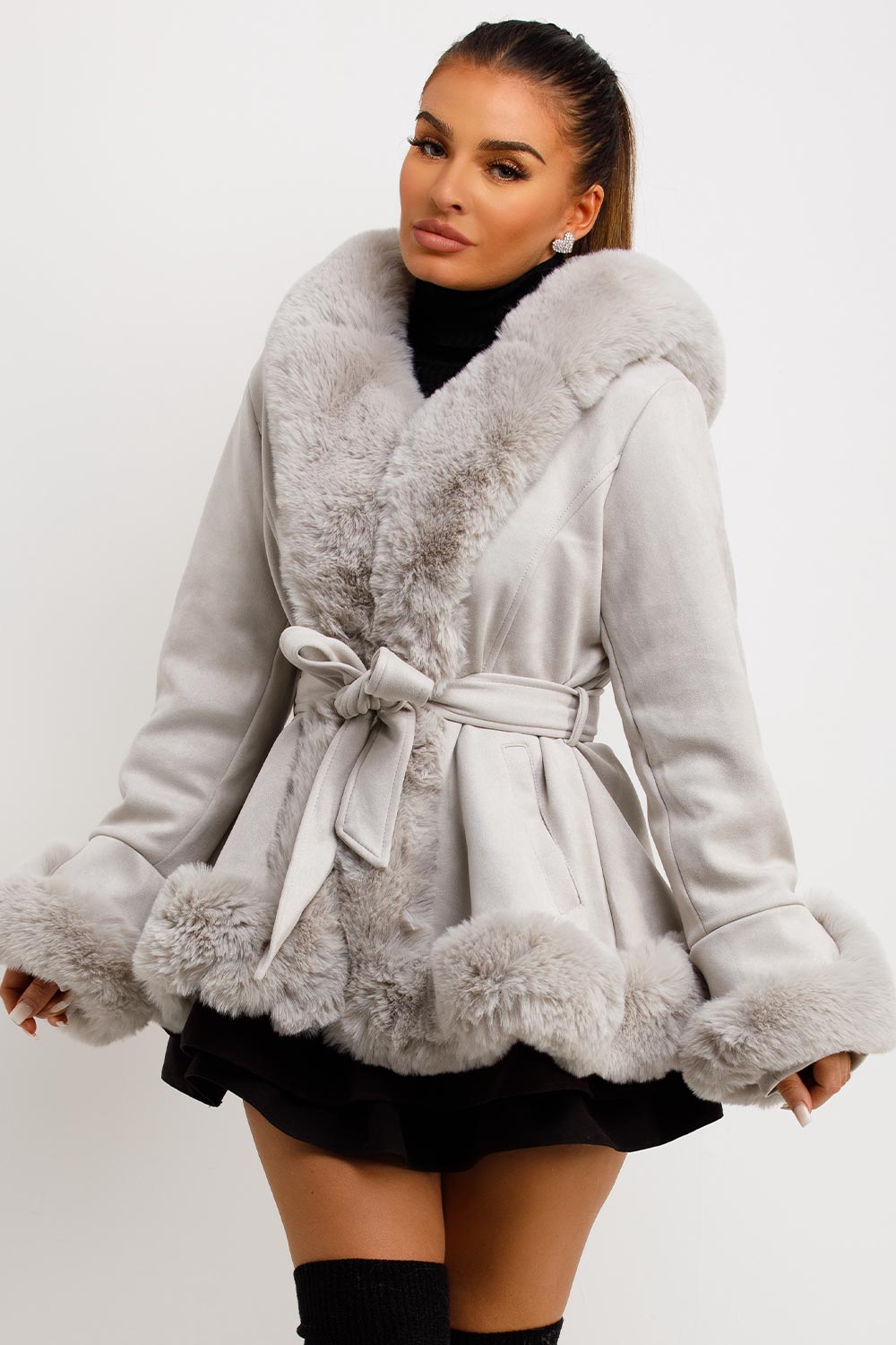 Grey Faux Fur Faux Suede Hooded Belted Coat