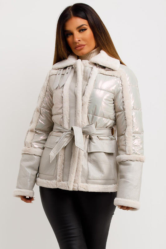 Faux Fur Trim Faux Suede Jacket In Ivory