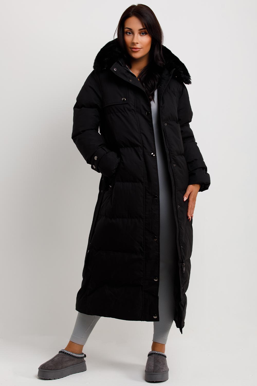 Long Puffer Trench Coat With Belt And Faux Fur Hood Black