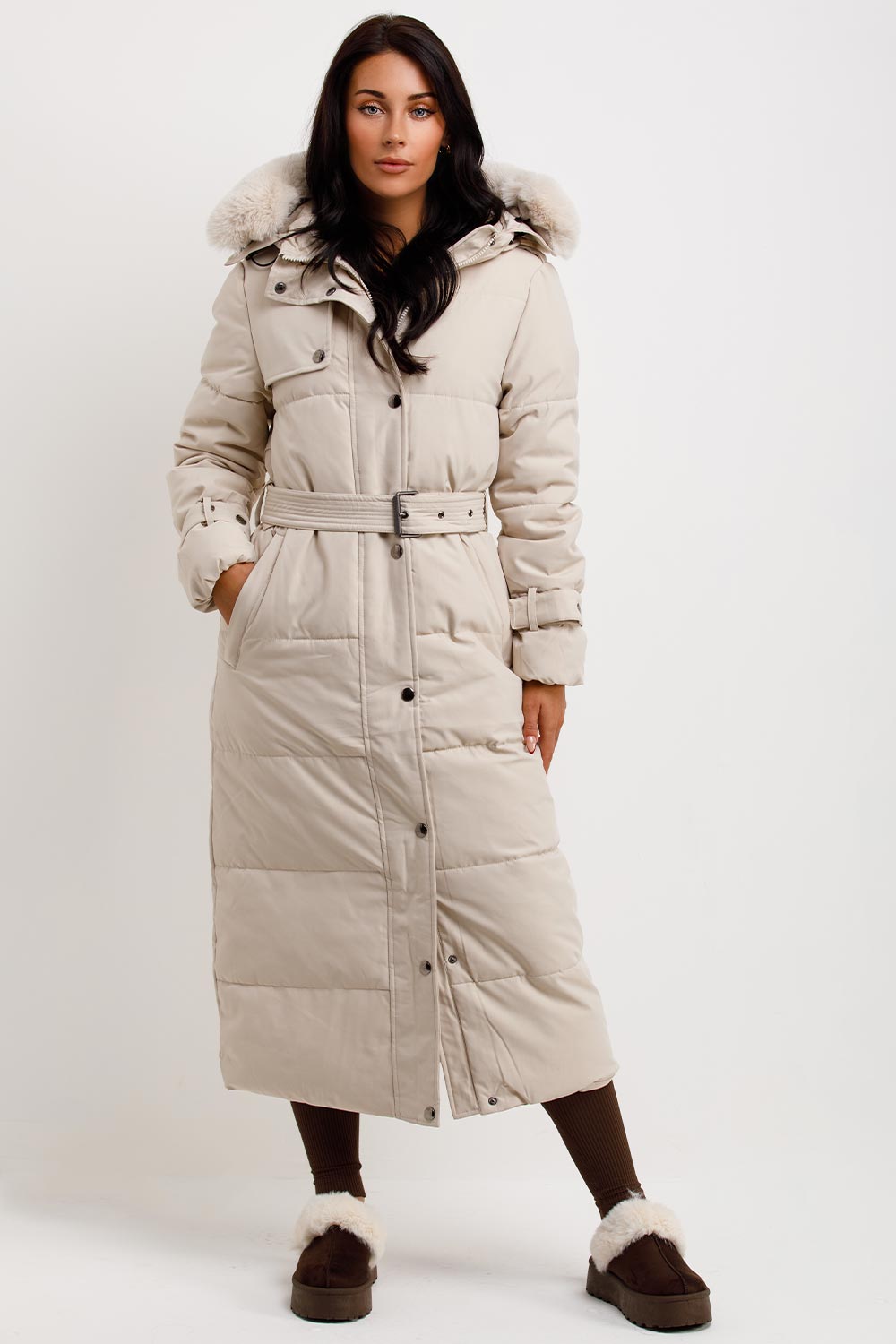 Long Puffer Trench Coat With Belt And Faux Fur Hood Beige