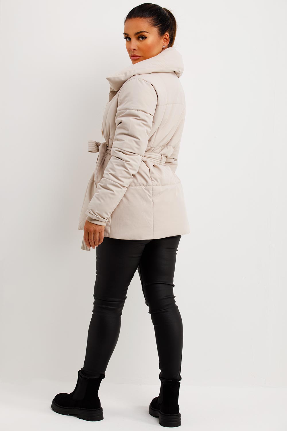 Beige Duvet Padded Jacket With Belt