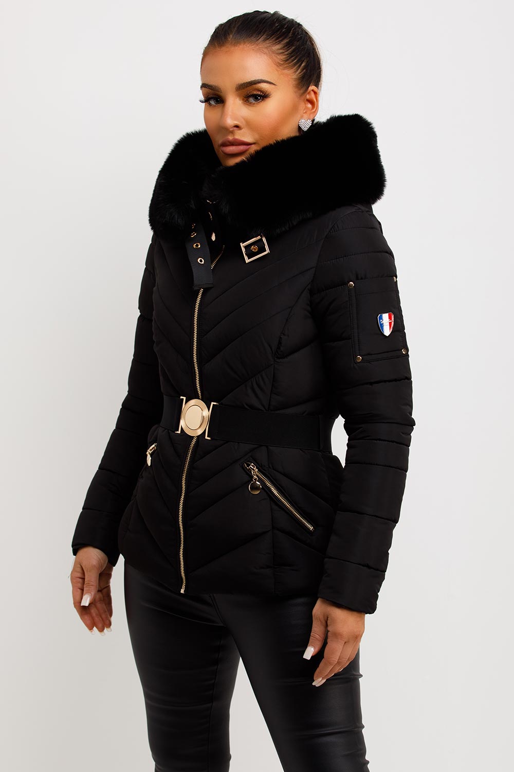 Puffer Jacket With Fur Hood And Belt Black