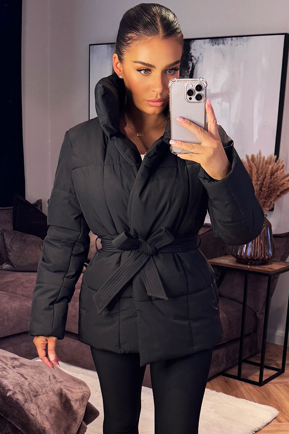 Black Duvet Padded Jacket With Belt