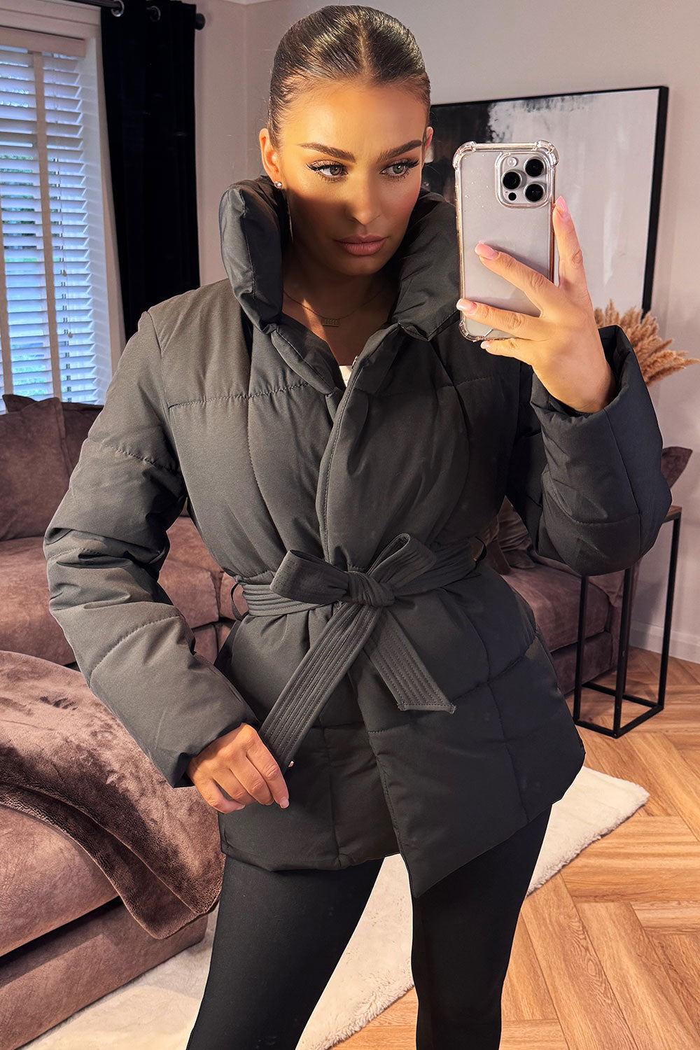 Black Duvet Padded Jacket With Belt