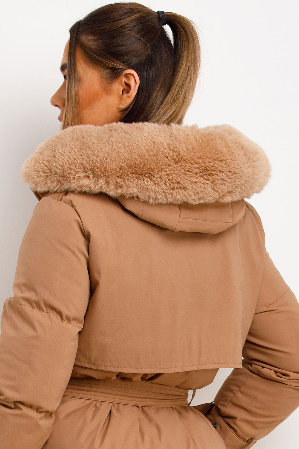 Long Puffer Trench Coat With Belt And Faux Fur Hood Camel