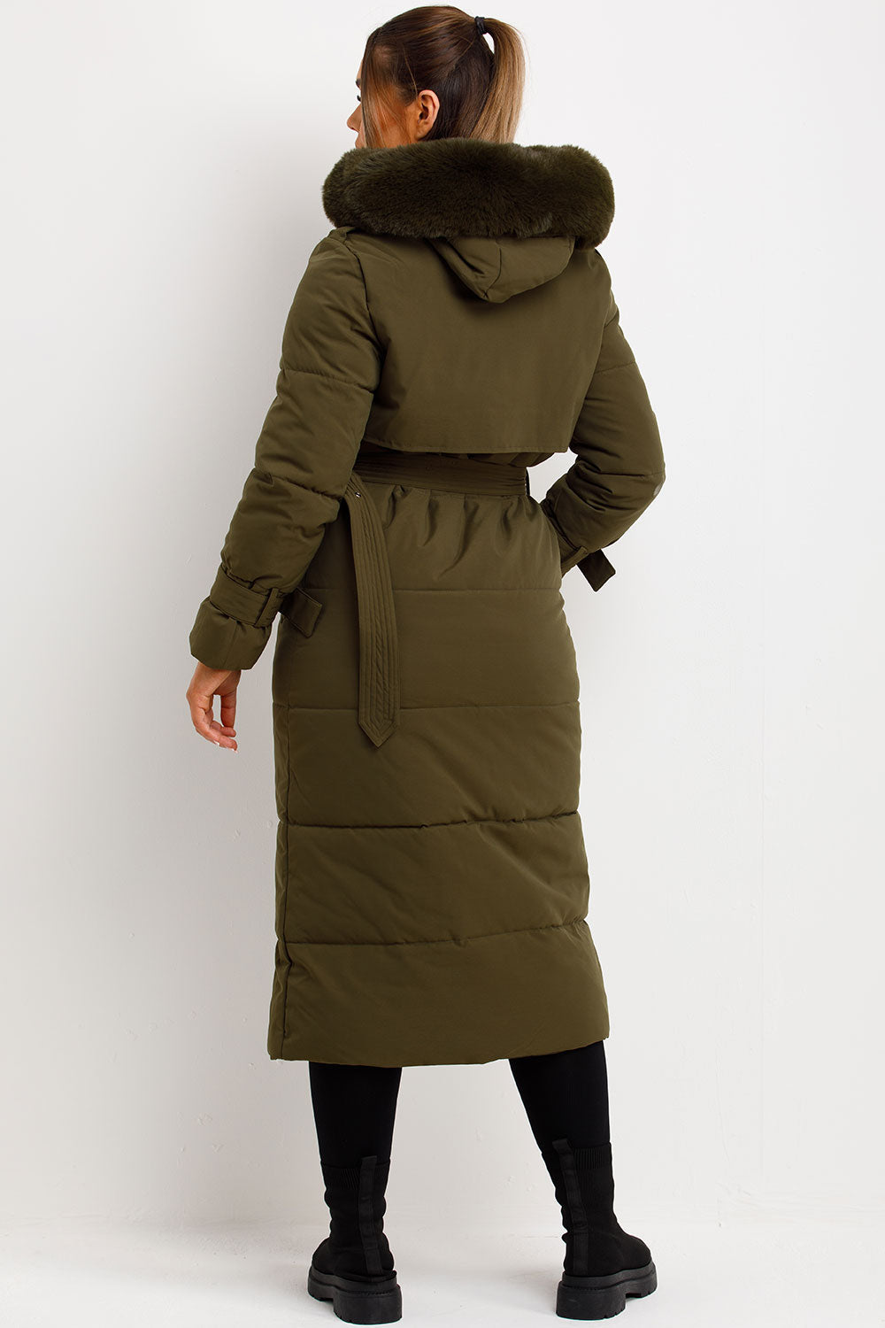 Long Puffer Trench Coat With Belt And Faux Fur Hood Khaki