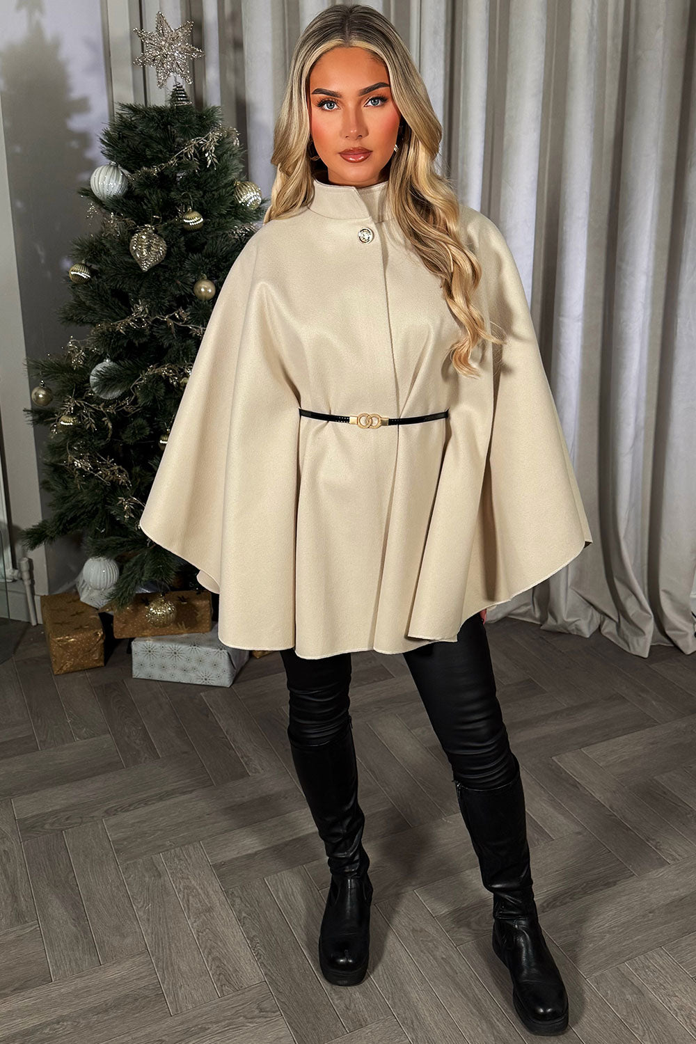 Cape With Belt And Button Beige Poncho