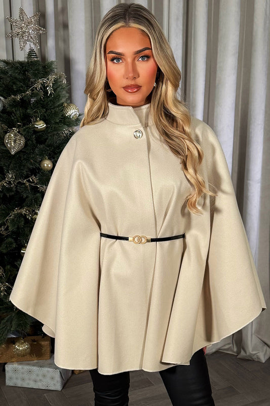 Cape With Belt And Button Beige Poncho