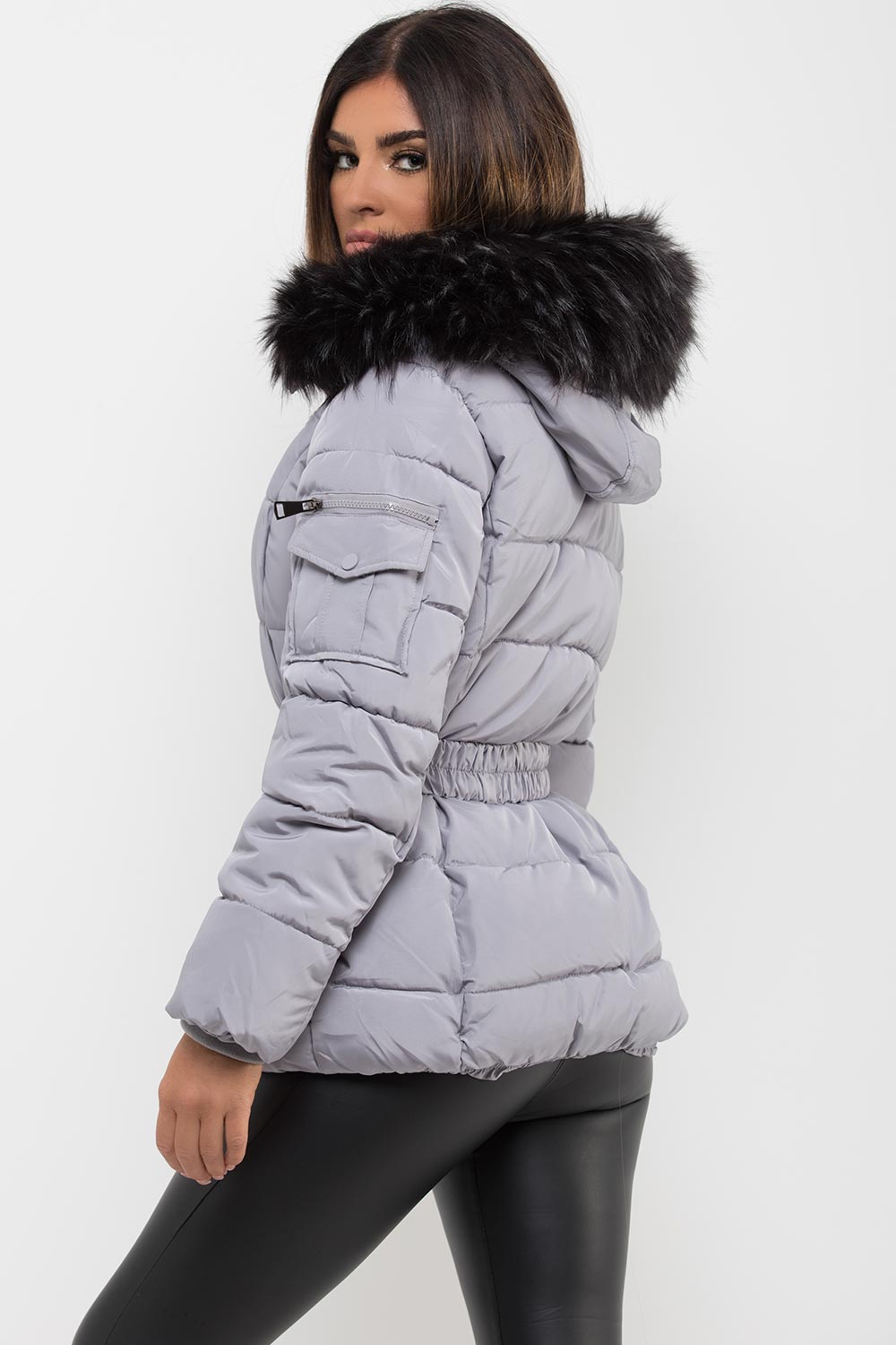 Grey Faux Fur Hooded Jacket With Belt