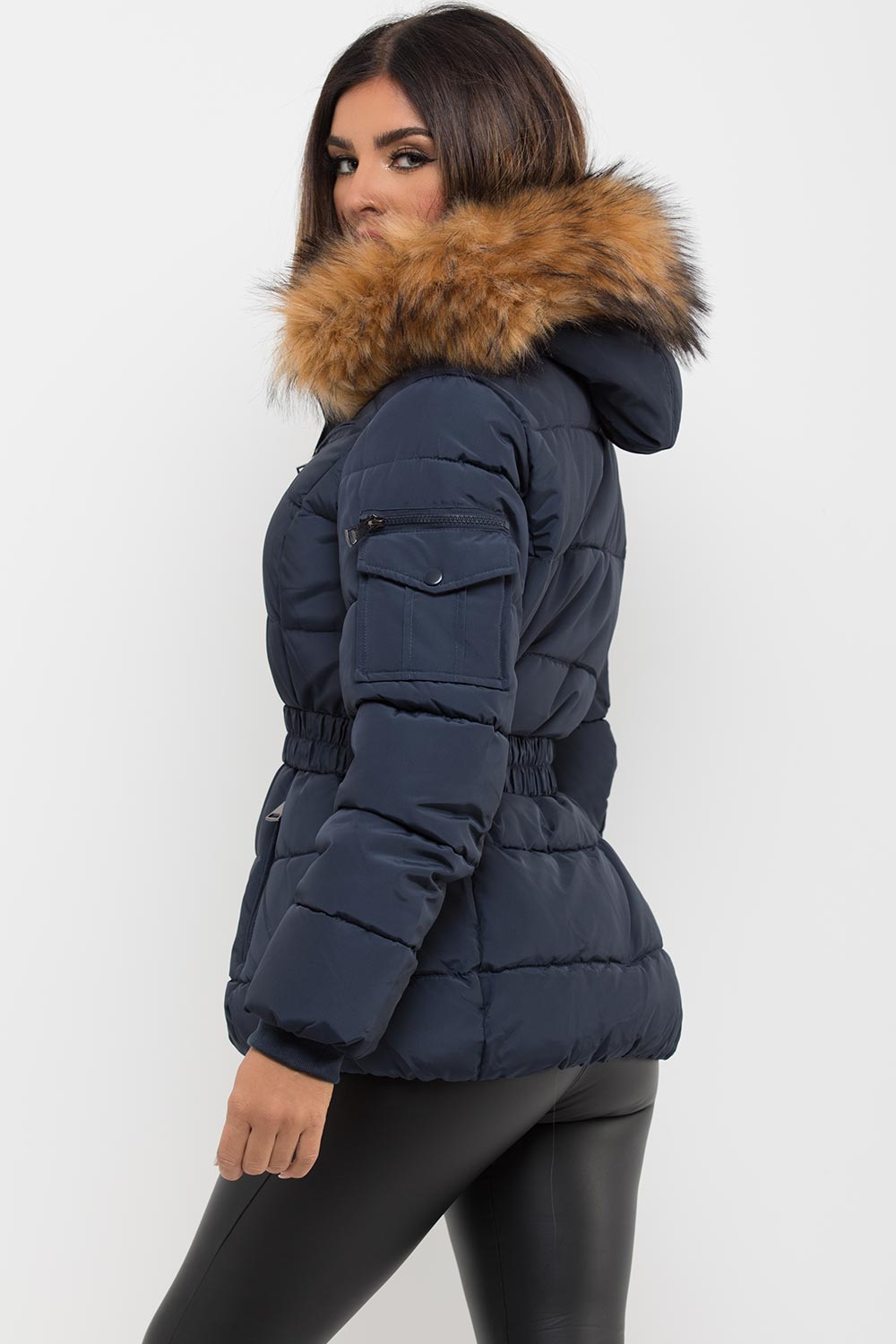 Navy Faux Fur Hooded Jacket With Belt