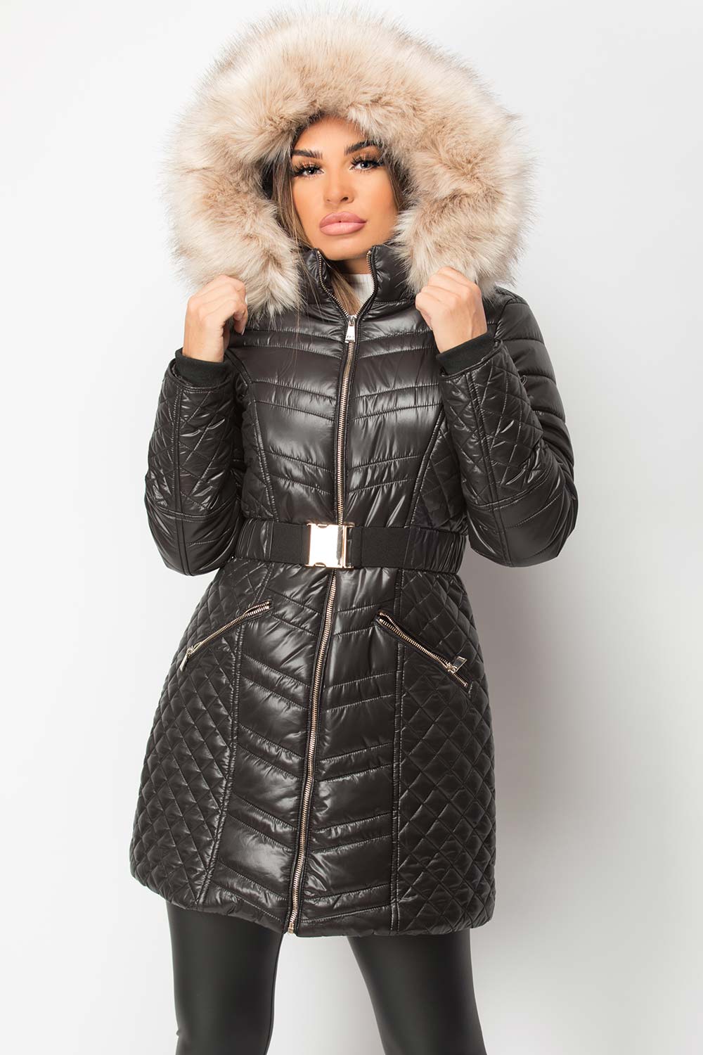 Big Faux Fur Hooded Padded Coat With Belt Black