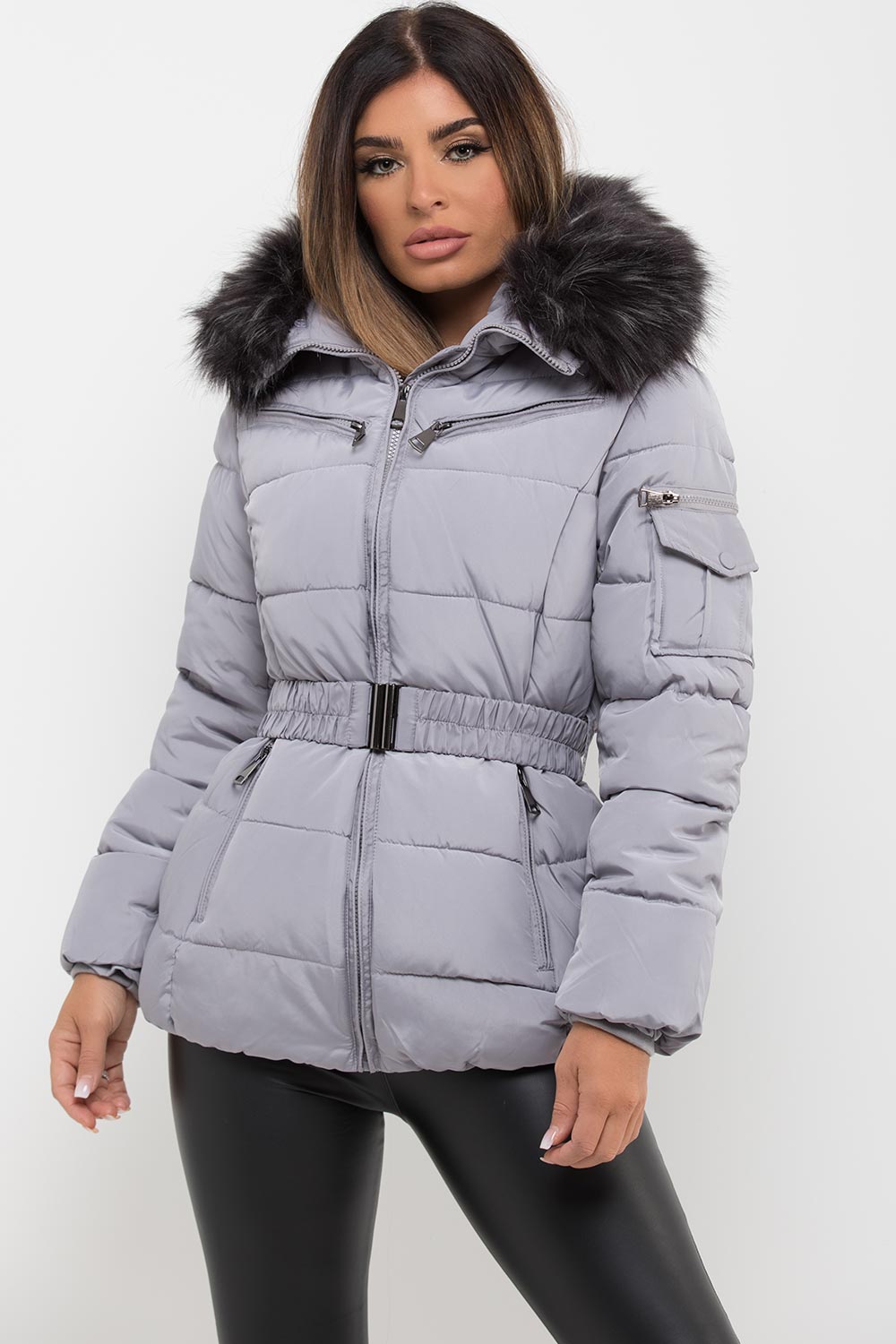 Grey Faux Fur Hooded Jacket With Belt