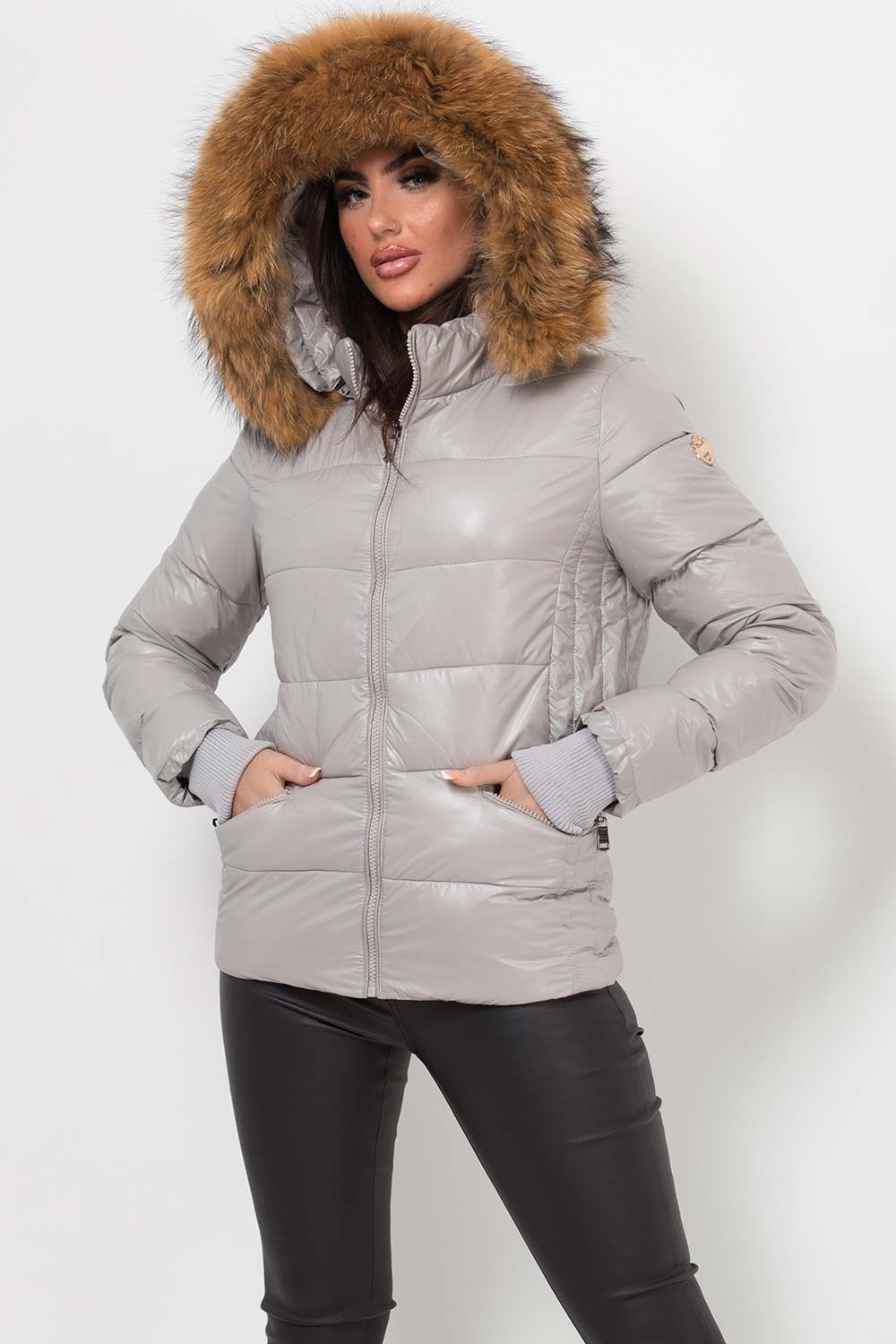 Puffer Jacket With Real Fur Hood Grey