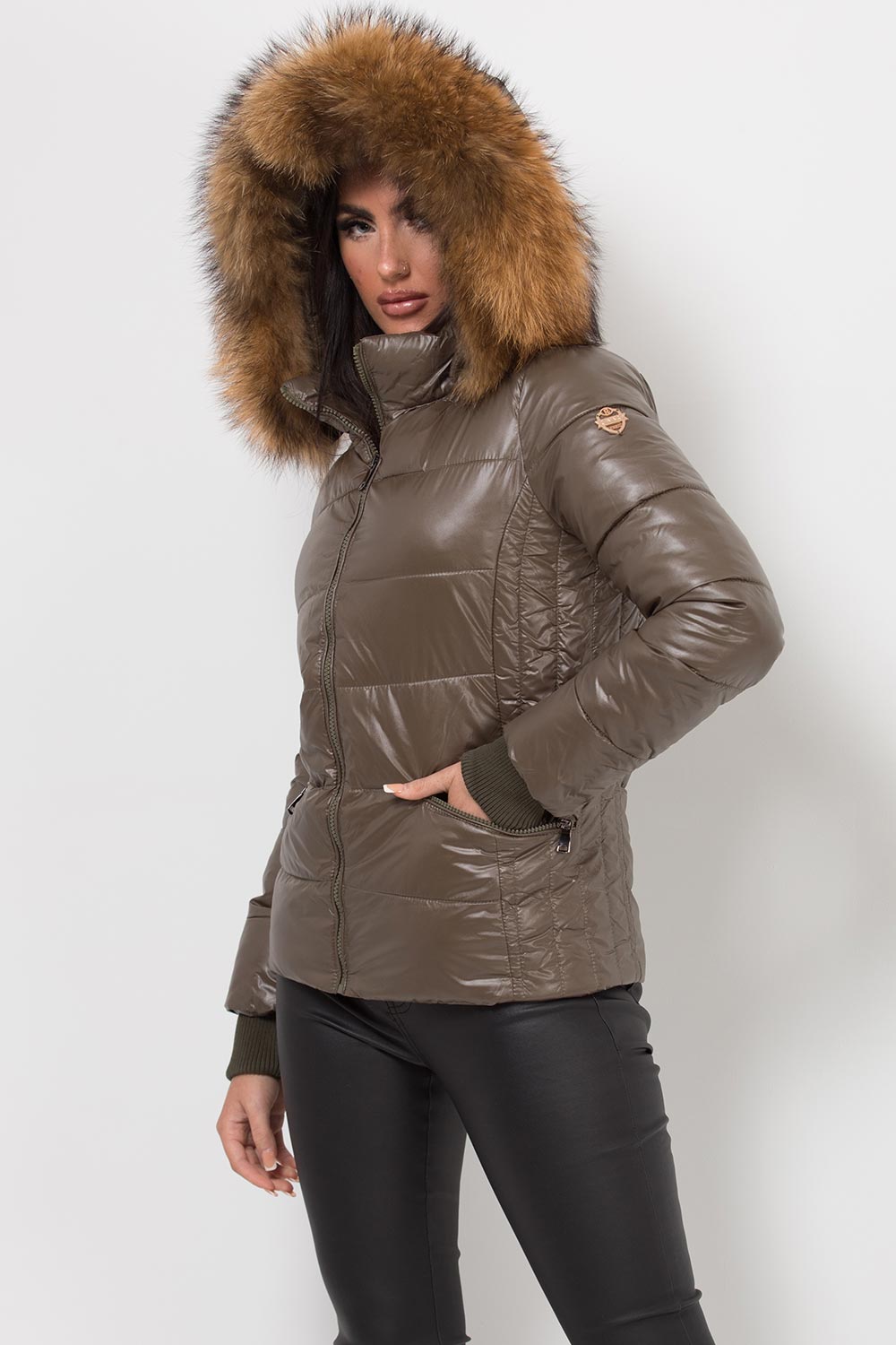 Puffer Jacket With Real Fur Hood Khaki