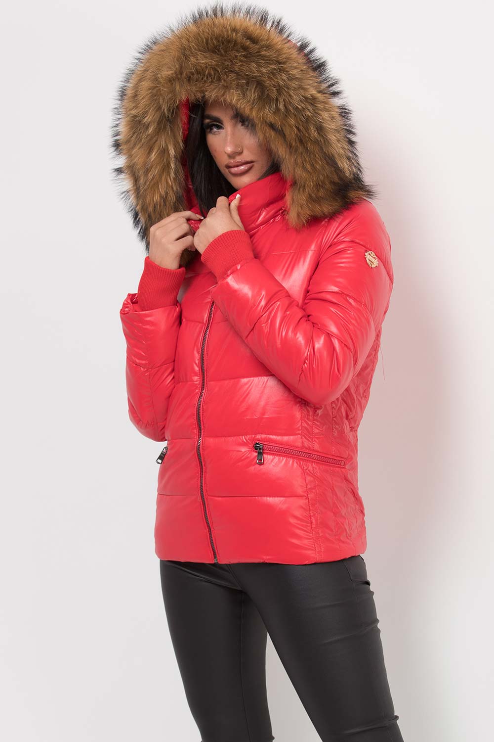 Puffer Jacket With Real Fur Hood Red