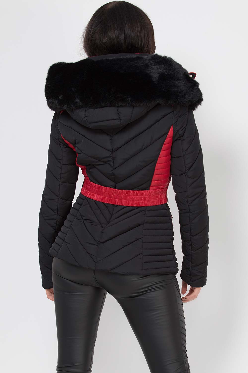 Puffer Quilted Jacket With Faux Fur Hood Belted Black And Red