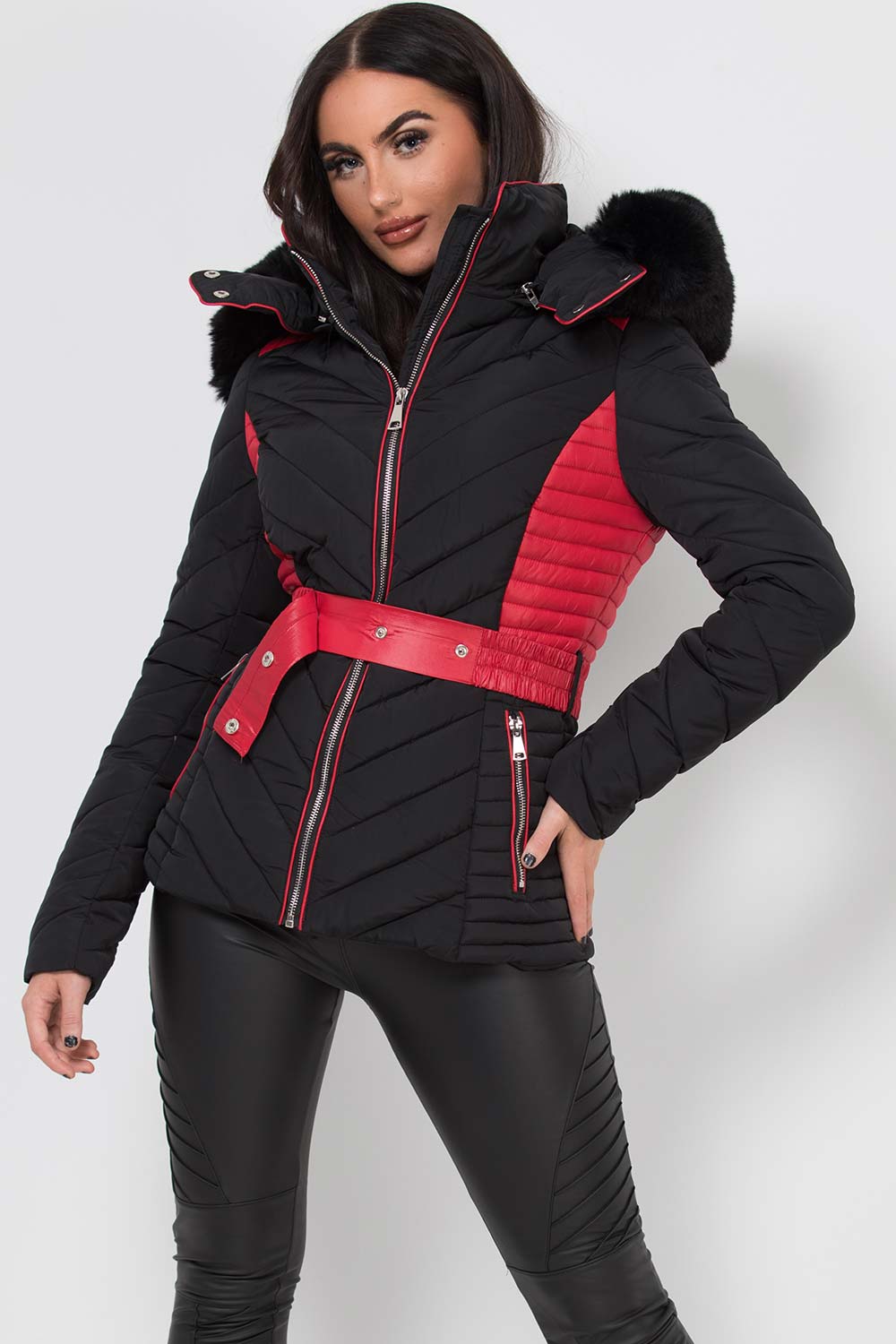 Puffer Quilted Jacket With Faux Fur Hood Belted Black And Red