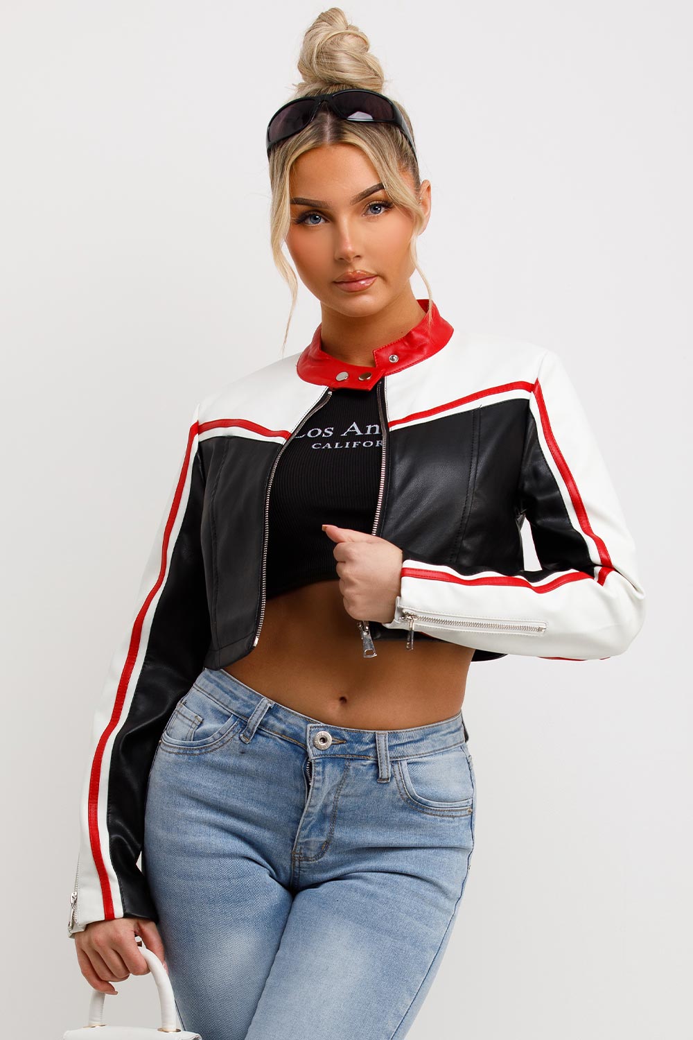 Faux Leather Racer Jacket Black And Red