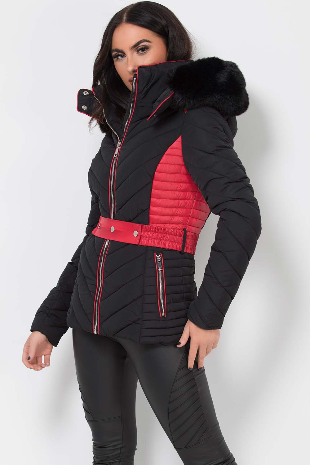 Puffer Quilted Jacket With Faux Fur Hood Belted Black And Red