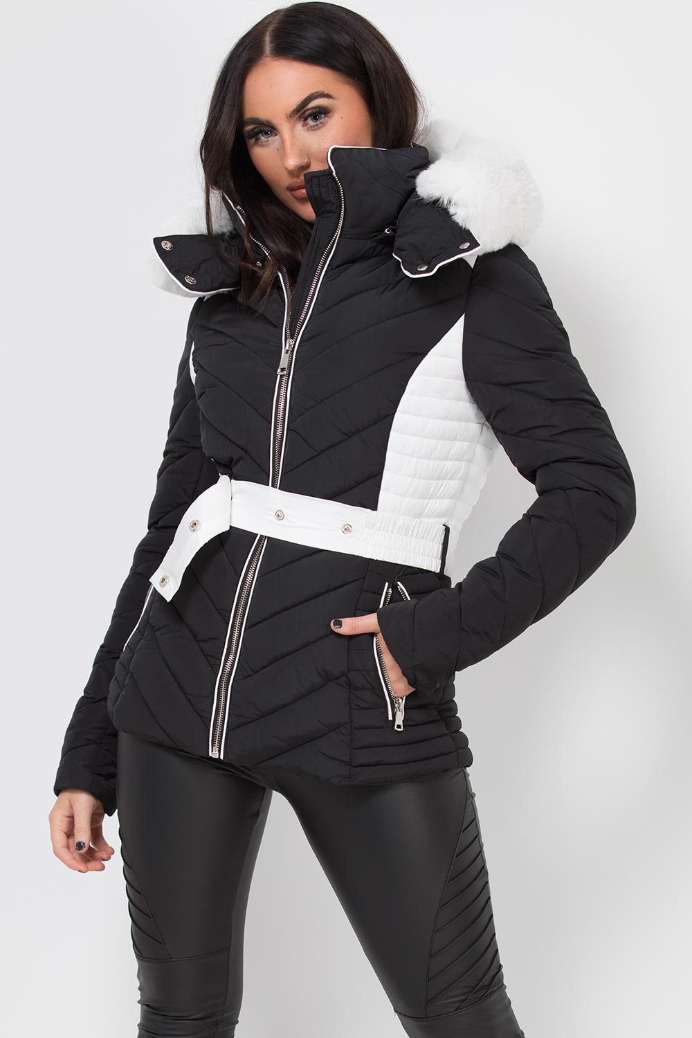 Puffer Quilted Jacket With Faux Fur Hood Belted Black And White