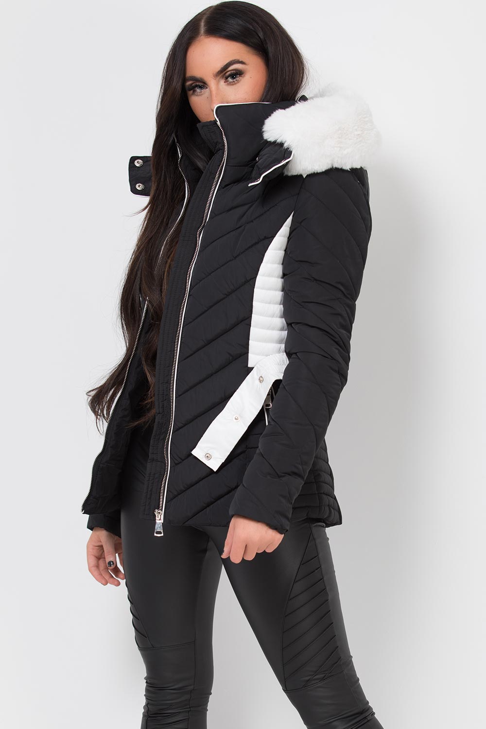 Puffer Quilted Jacket With Faux Fur Hood Belted Black And White