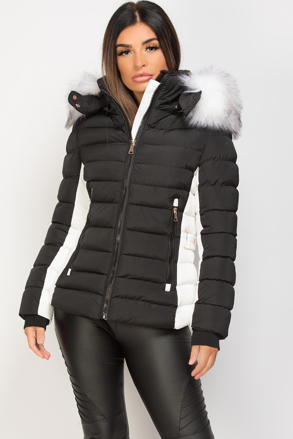 Puffer Jacket With Faux Fur Hood Black And White