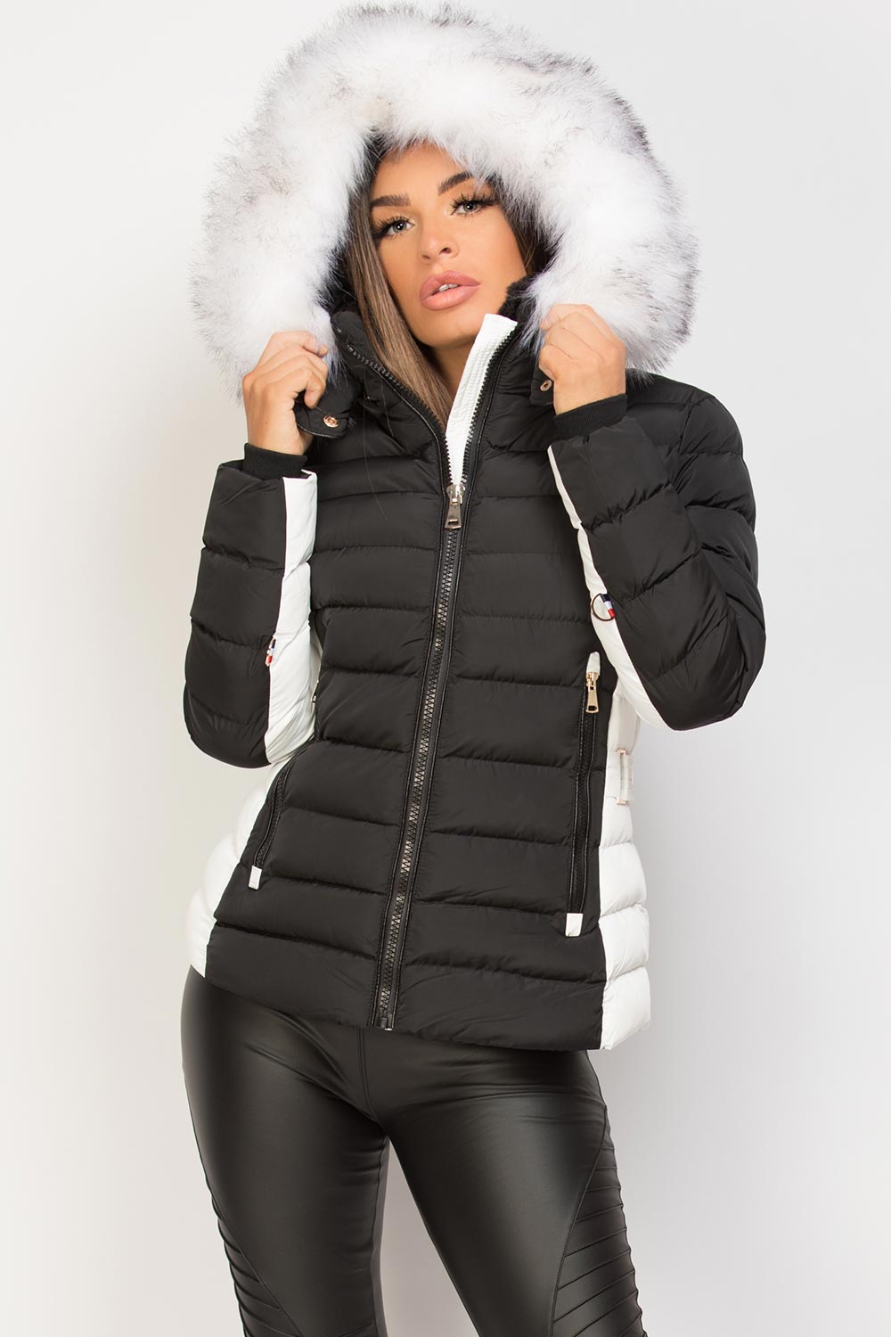 Puffer Jacket With Faux Fur Hood Black And White