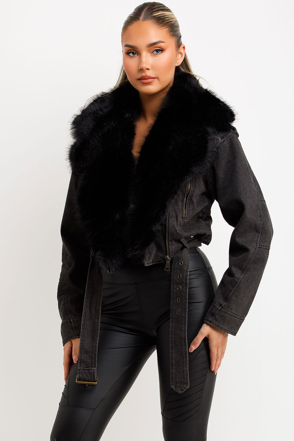 Denim Aviator Jacket With Faux Fur Collar Black