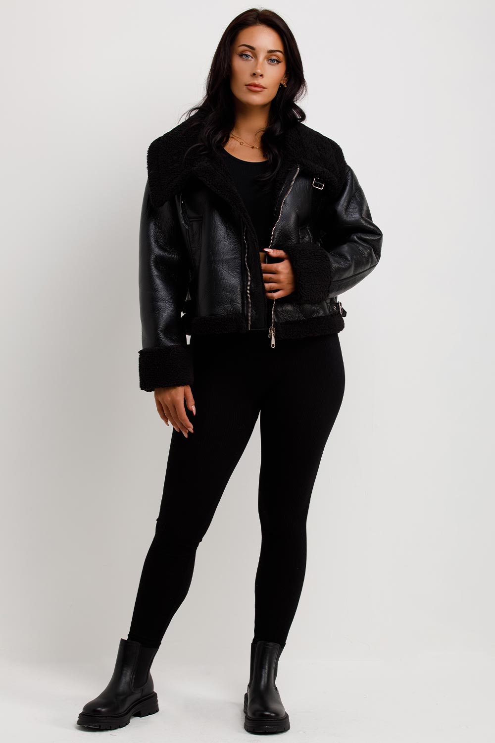 Black Faux Leather Aviator Jacket With Belt