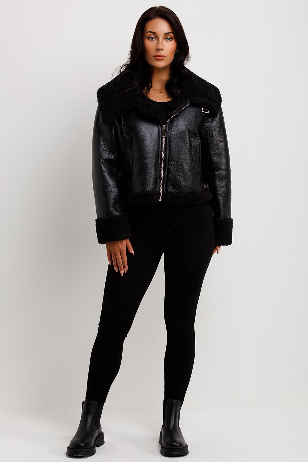 Black Faux Leather Aviator Jacket With Belt