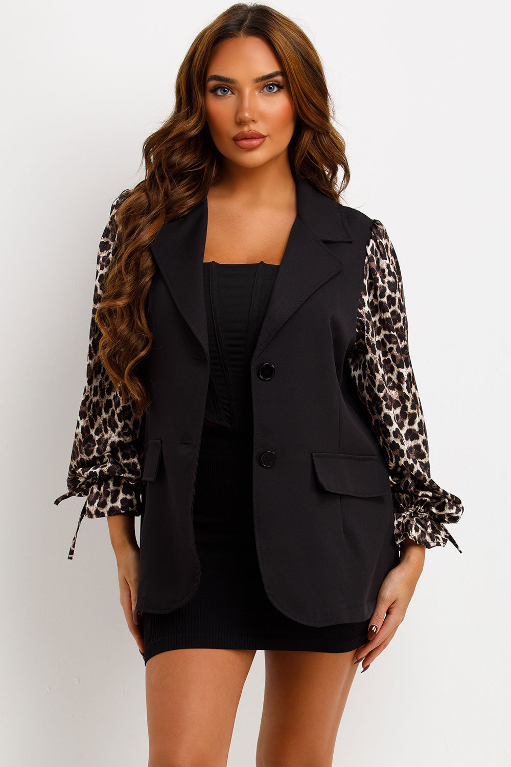 Black Blazer With Leopard Print Sleeves