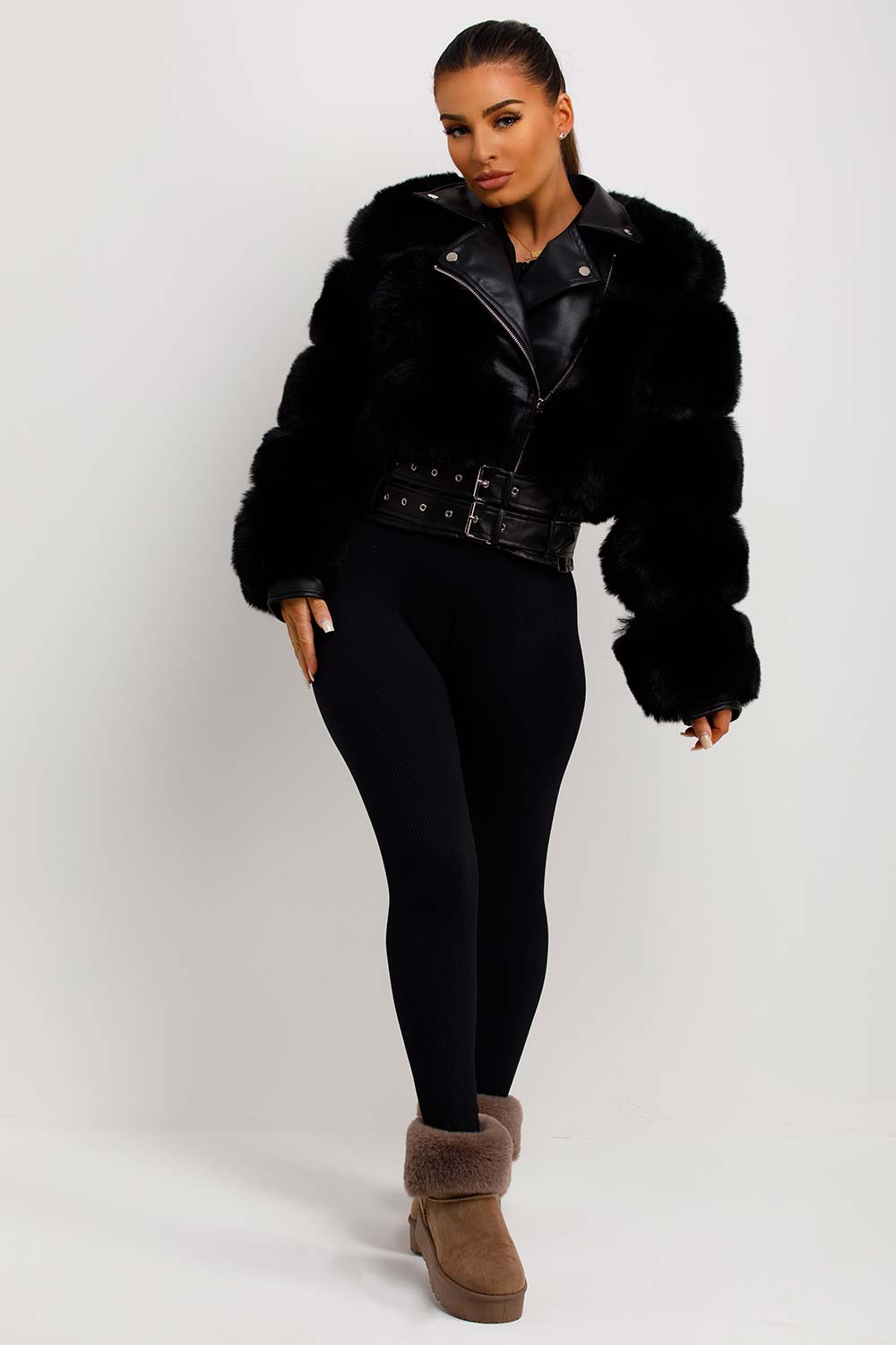 Faux Fur Faux Leather Aviator Jacket With Belt Black