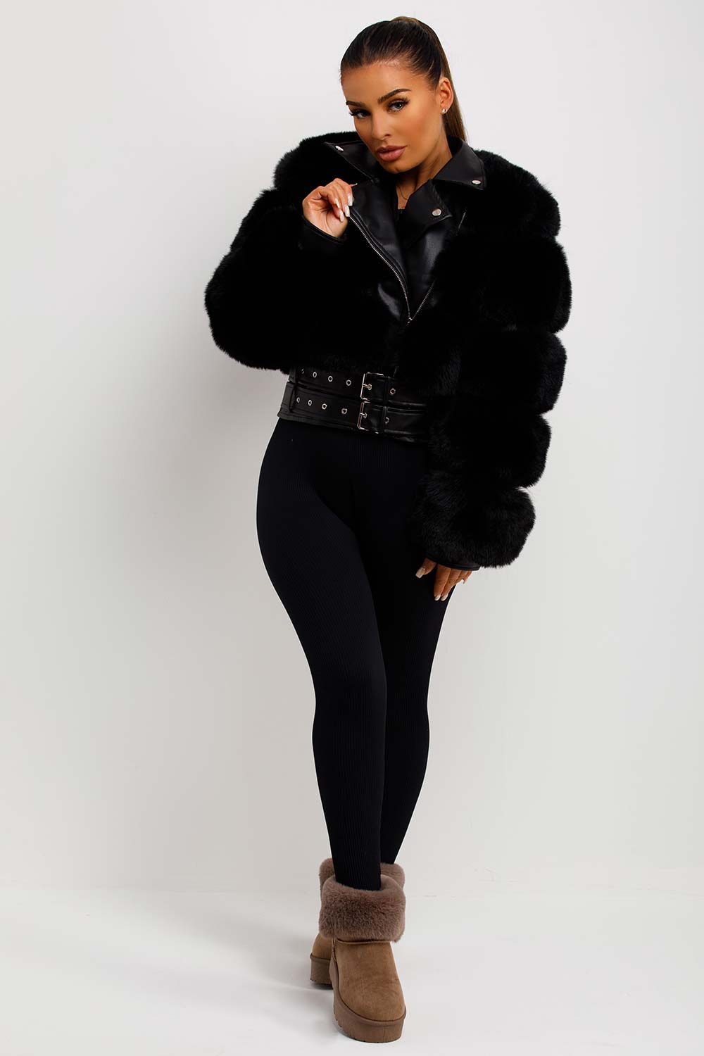 Faux Fur Faux Leather Aviator Jacket With Belt Black