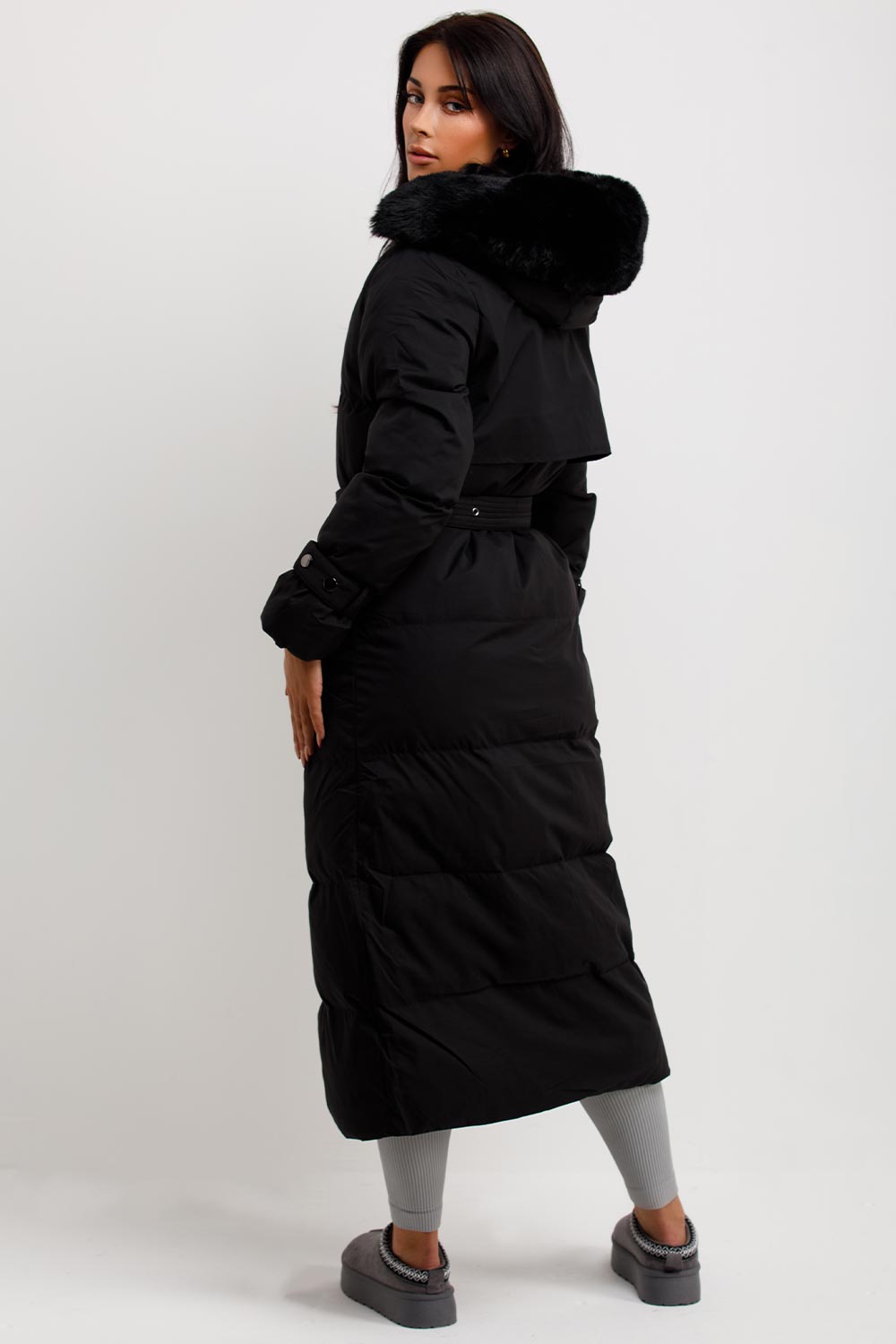 Long Puffer Trench Coat With Belt And Faux Fur Hood Black