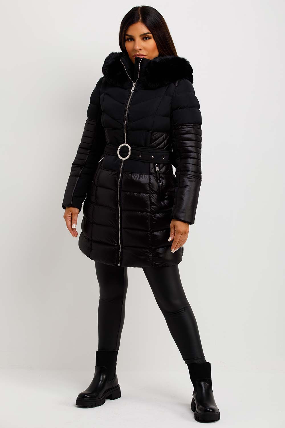 Puffer Coat With Fur Hood And Belt Black