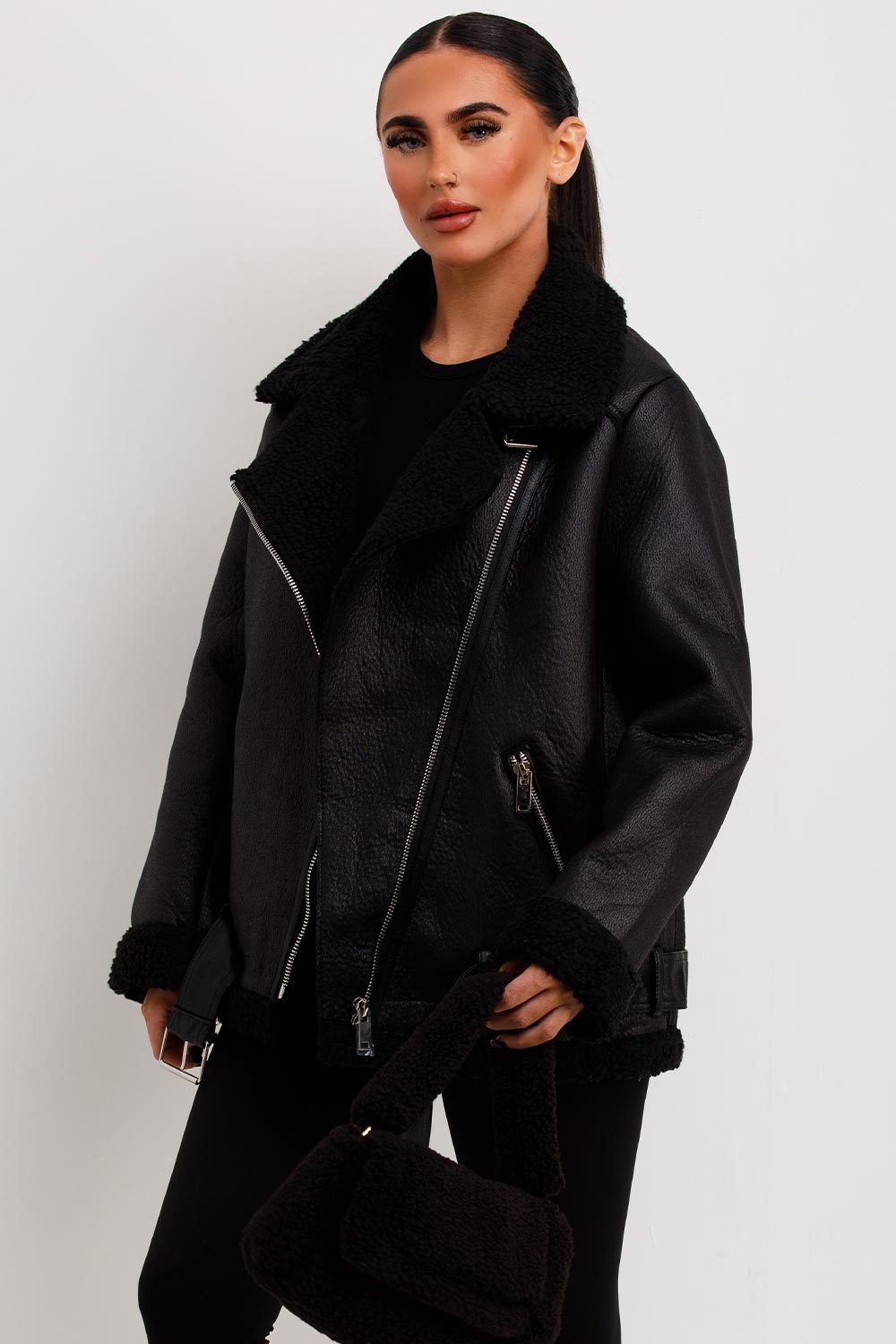 Aviator Jacket With Shearling Detail Black