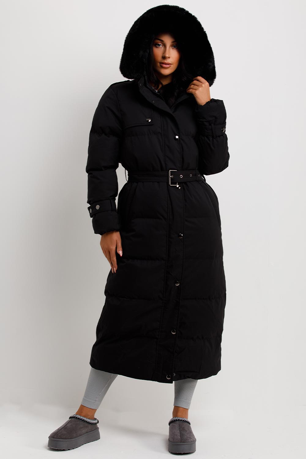 Long Puffer Trench Coat With Belt And Faux Fur Hood Black