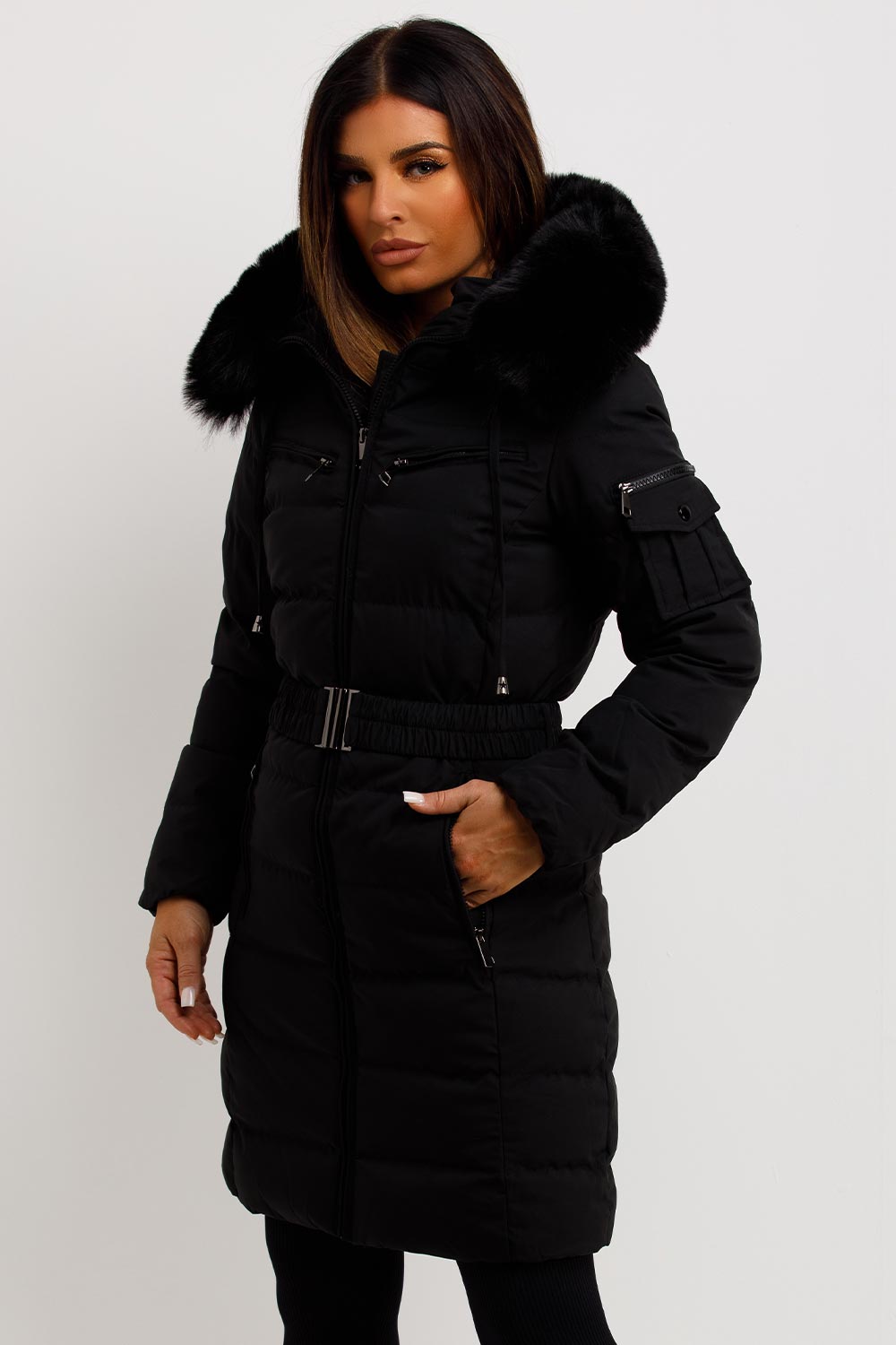 Long Puffer Coat With Fur Hood And Belt Black