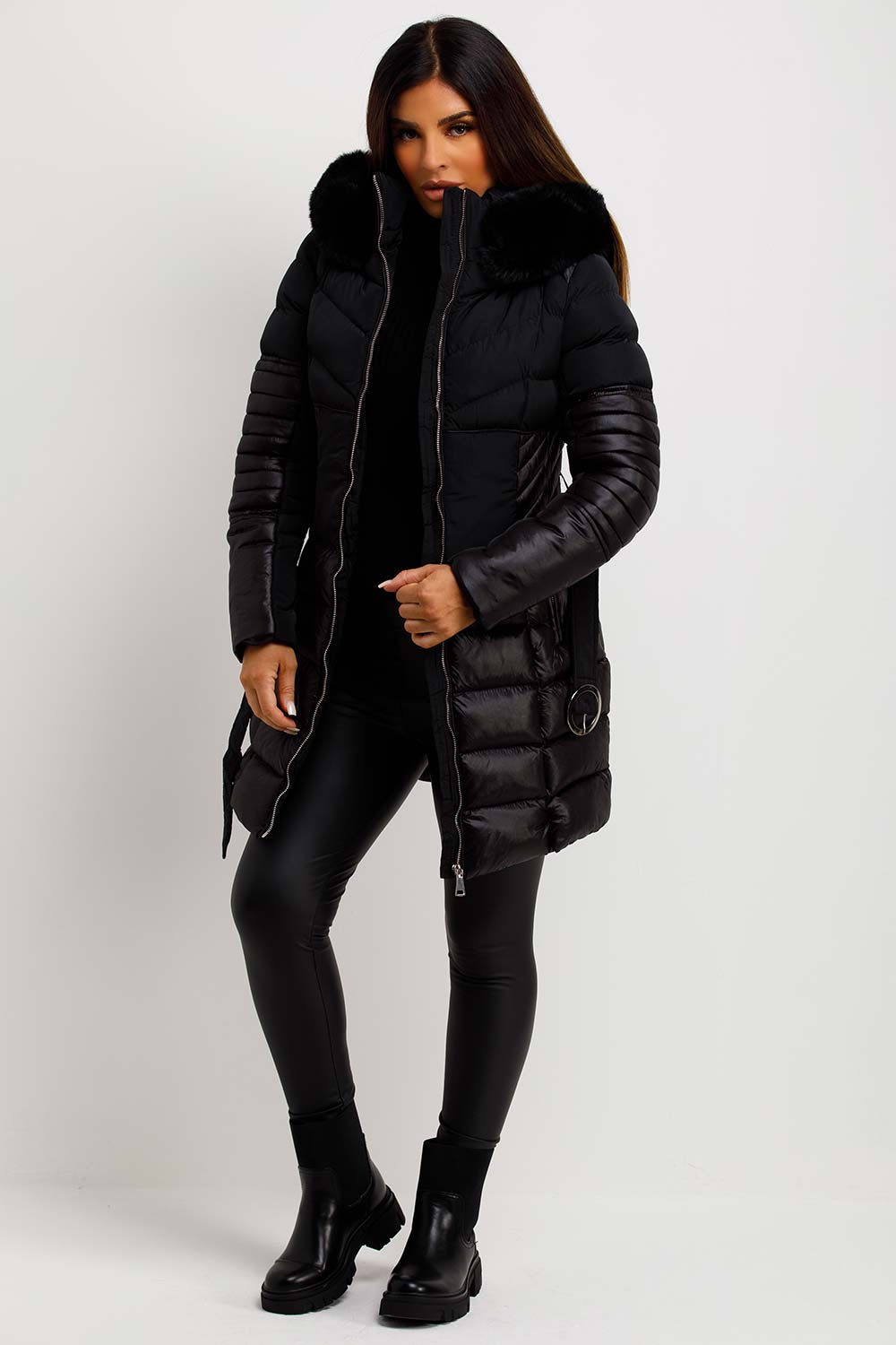 Puffer Coat With Fur Hood And Belt Black